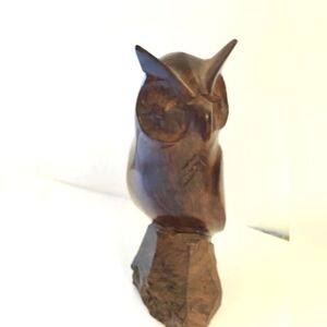 Vintage Hand Carved Detailed Wooden Horned Owl Carving Statue